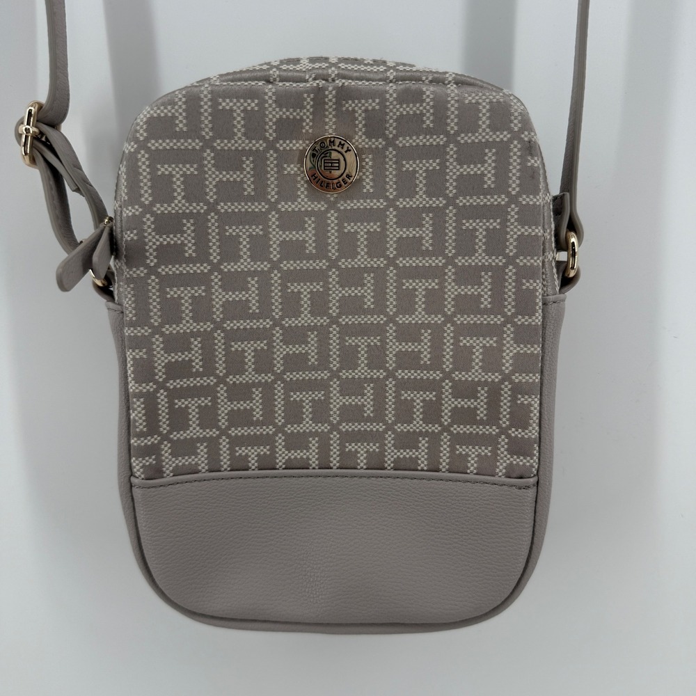 Tommy Hilfiger Monogram Jacquard Crossbody Bag Taupe Gold Tone Hardware